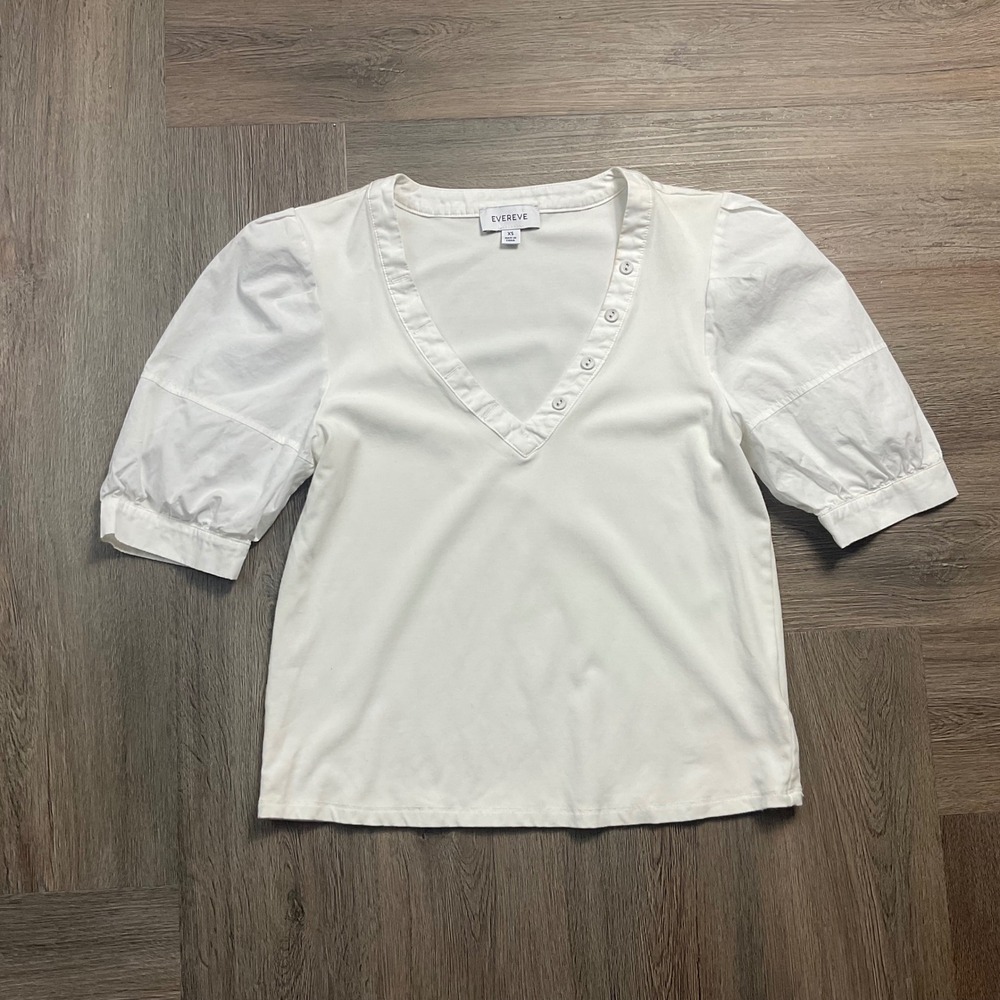 Evereve Top Womens XS White Puff Sleeve V-Neck Cottagecore Shabby Chic Boho